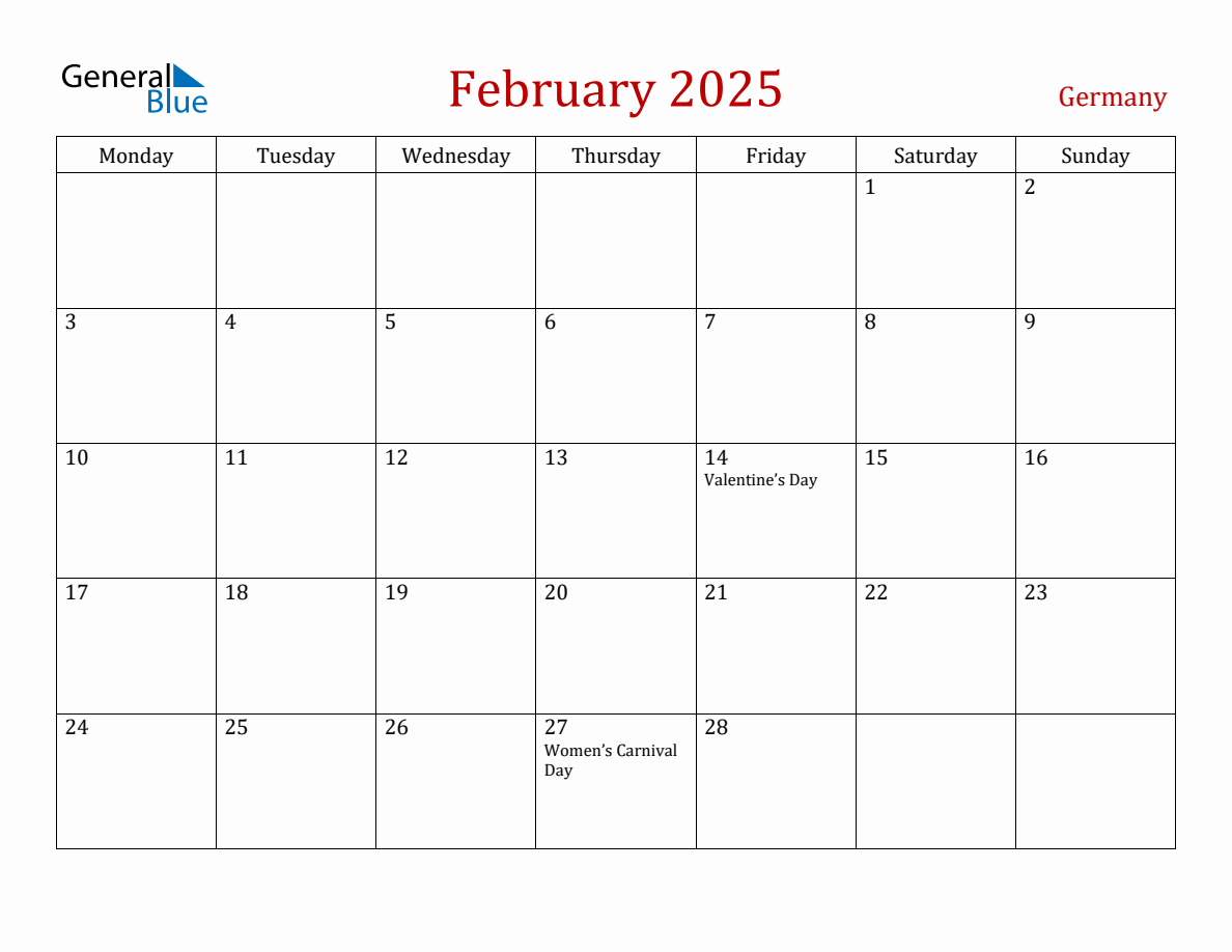 February 2025 Germany Monthly Calendar with Holidays