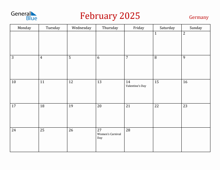 Germany February 2025 Calendar - Monday Start