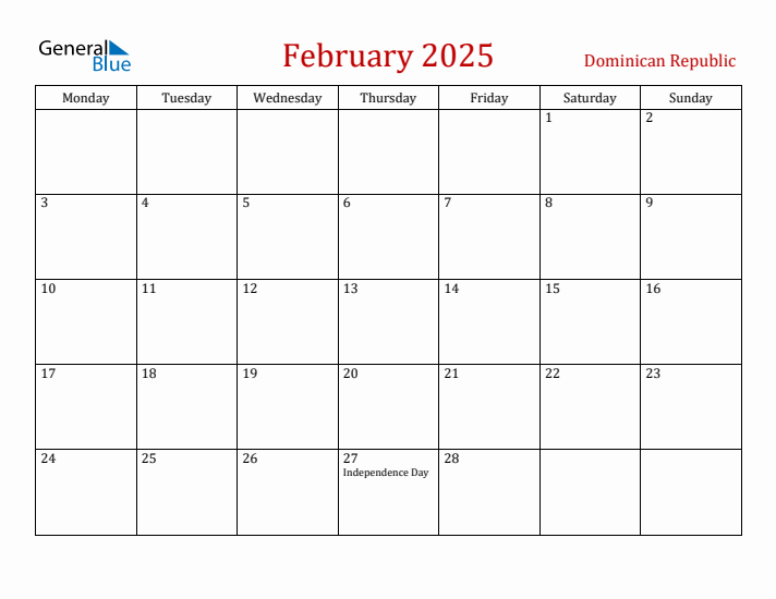 Dominican Republic February 2025 Calendar - Monday Start