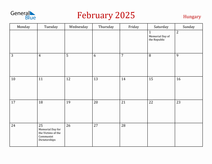 Hungary February 2025 Calendar - Monday Start