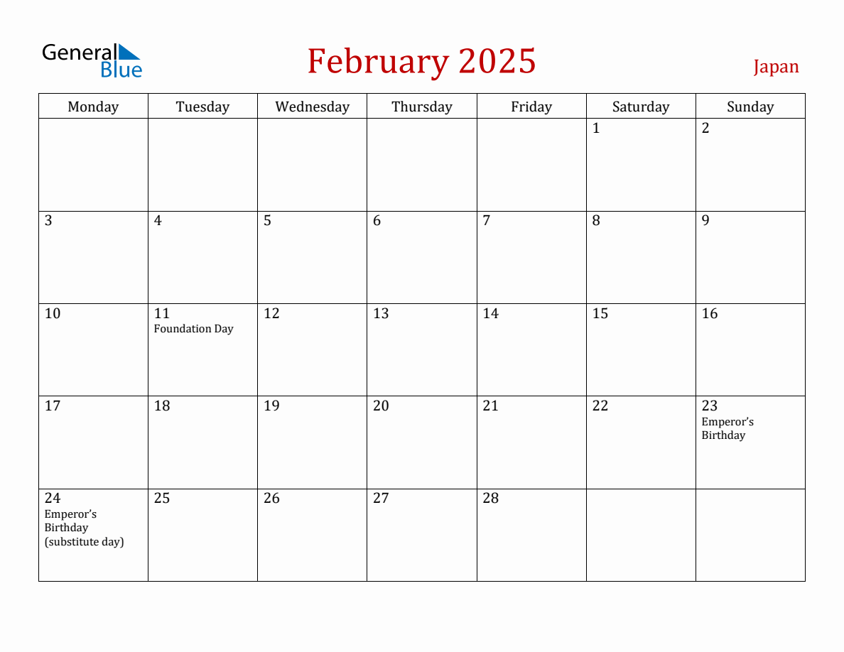 February 2025 Japan Monthly Calendar with Holidays