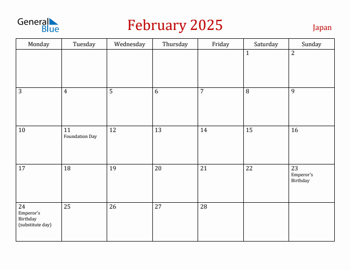 Japan February 2025 Calendar - Monday Start