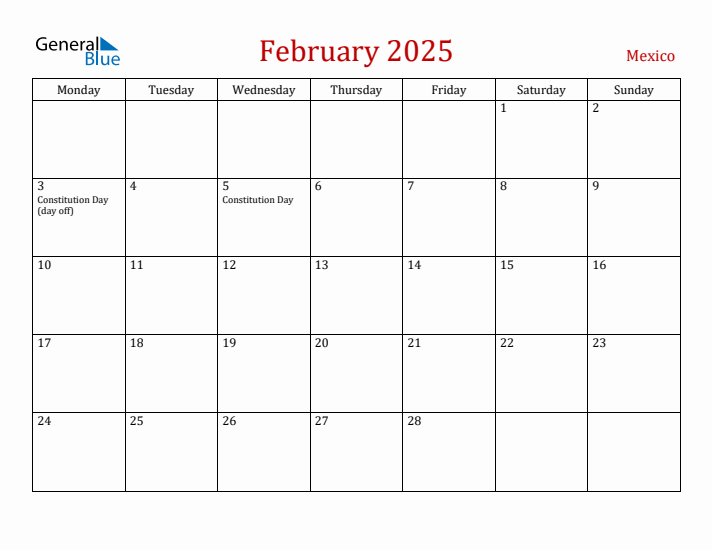 Mexico February 2025 Calendar - Monday Start