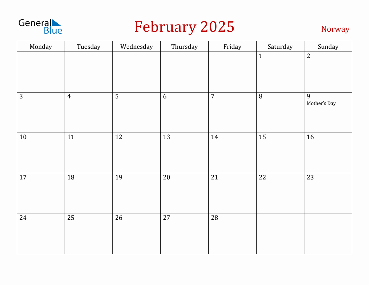 February 2025 Norway Monthly Calendar with Holidays