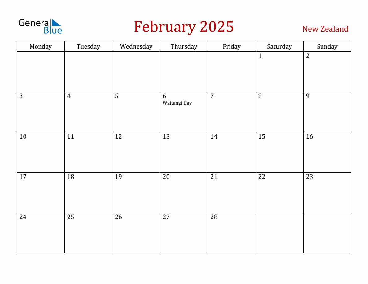 February 2025 New Zealand Monthly Calendar with Holidays