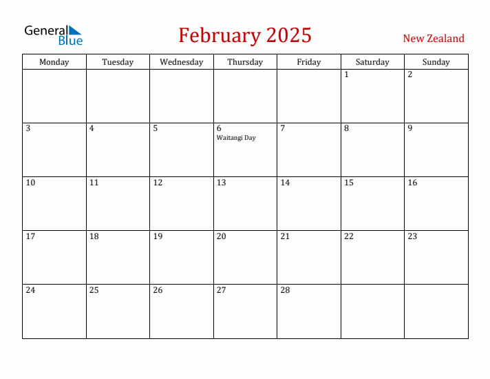 New Zealand February 2025 Calendar - Monday Start