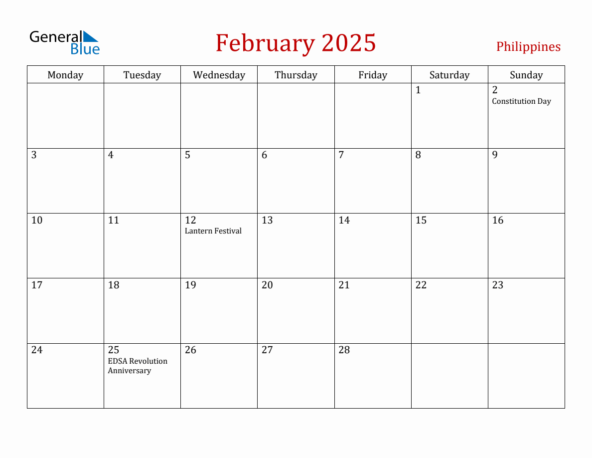 February 2025 Philippines Monthly Calendar with Holidays