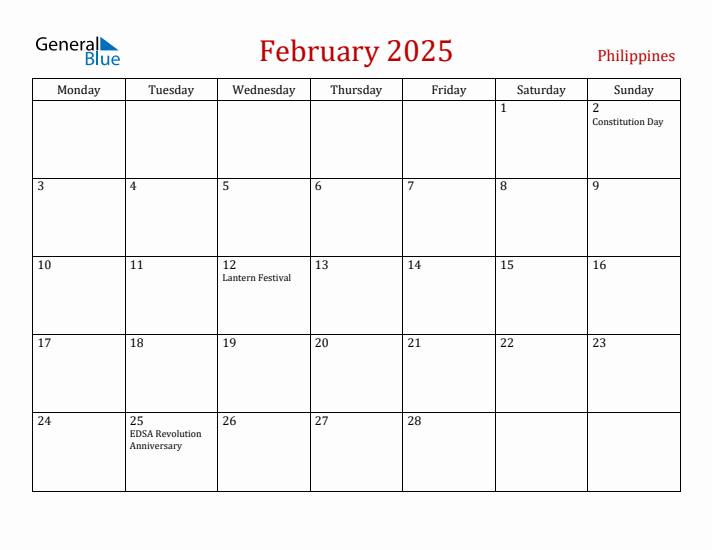 Philippines February 2025 Calendar - Monday Start