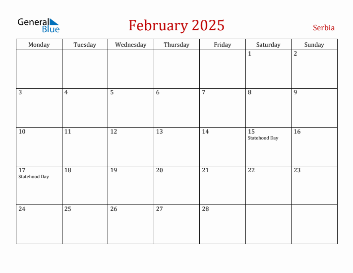 Serbia February 2025 Calendar - Monday Start