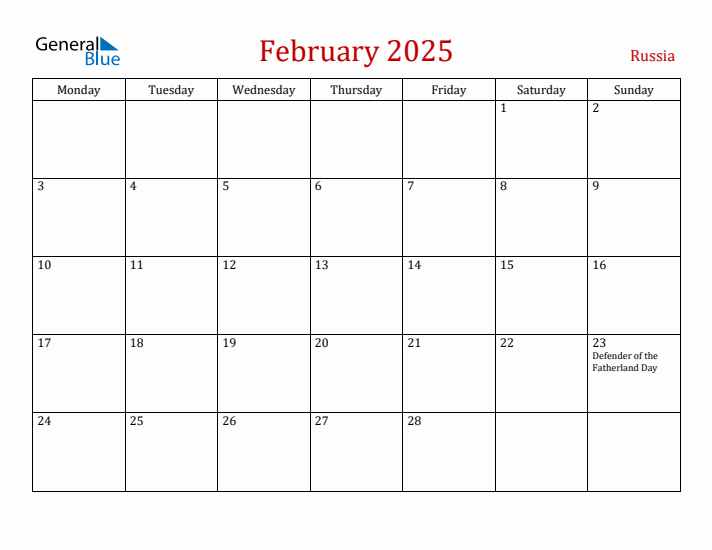 Russia February 2025 Calendar - Monday Start