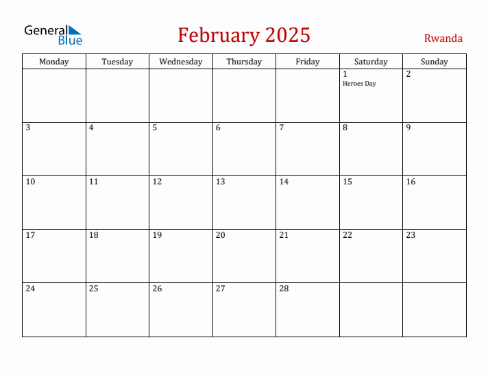 Rwanda February 2025 Calendar - Monday Start