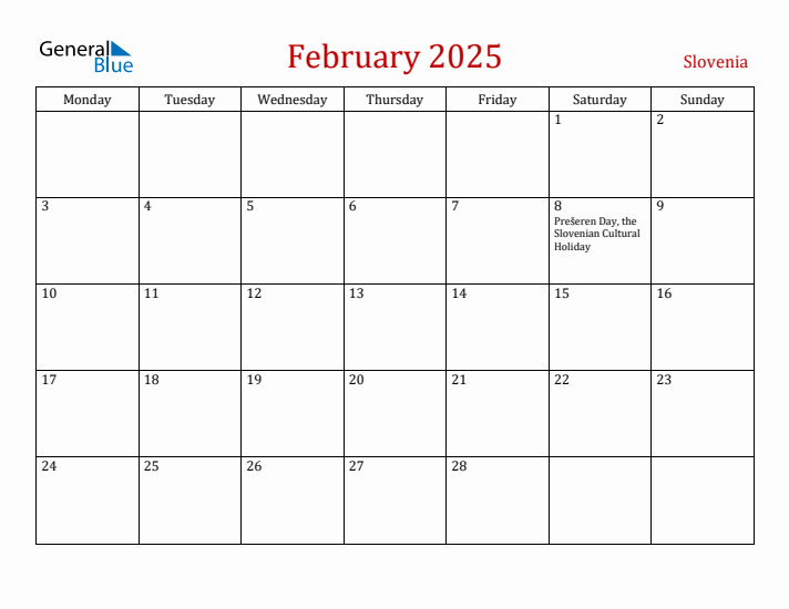 Slovenia February 2025 Calendar - Monday Start