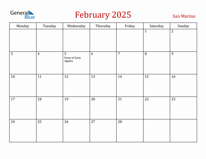 San Marino February 2025 Calendar - Monday Start