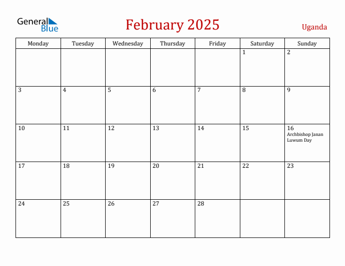 Uganda February 2025 Calendar - Monday Start