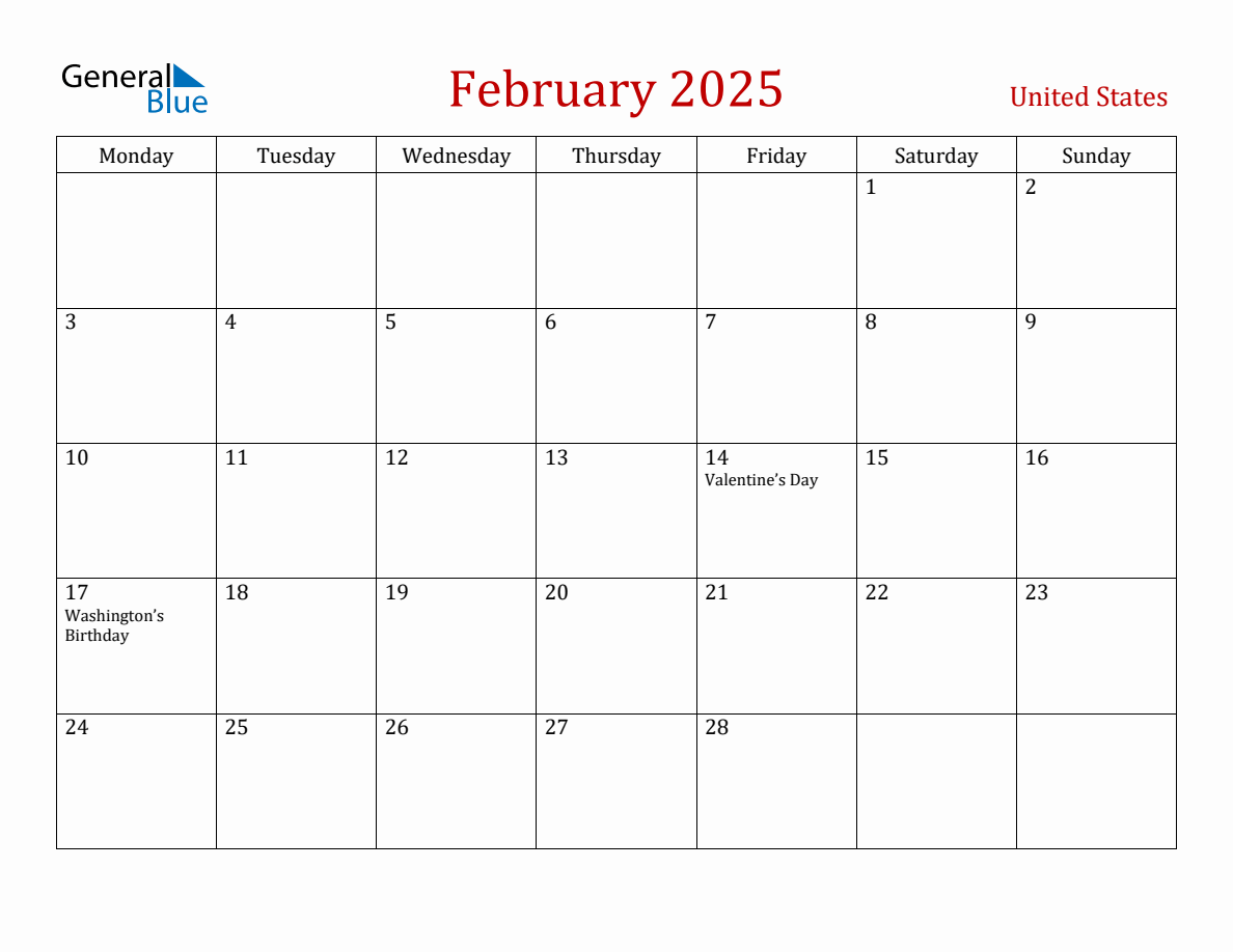 February 2025 United States Monthly Calendar with Holidays