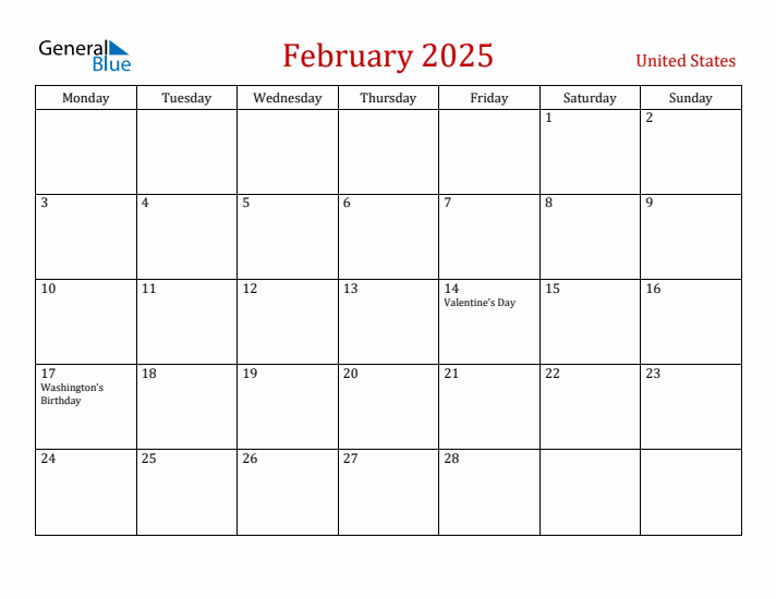 United States February 2025 Calendar - Monday Start