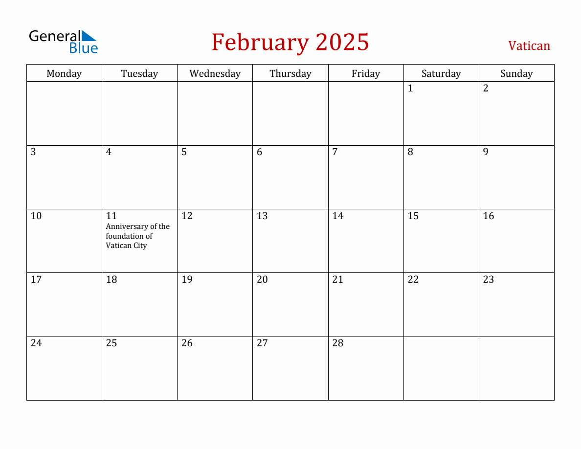 February 2025 Vatican Monthly Calendar with Holidays