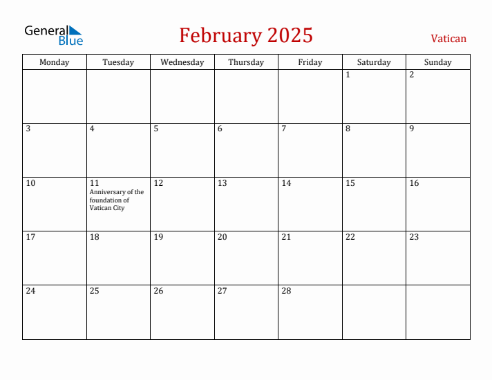 Vatican February 2025 Calendar - Monday Start