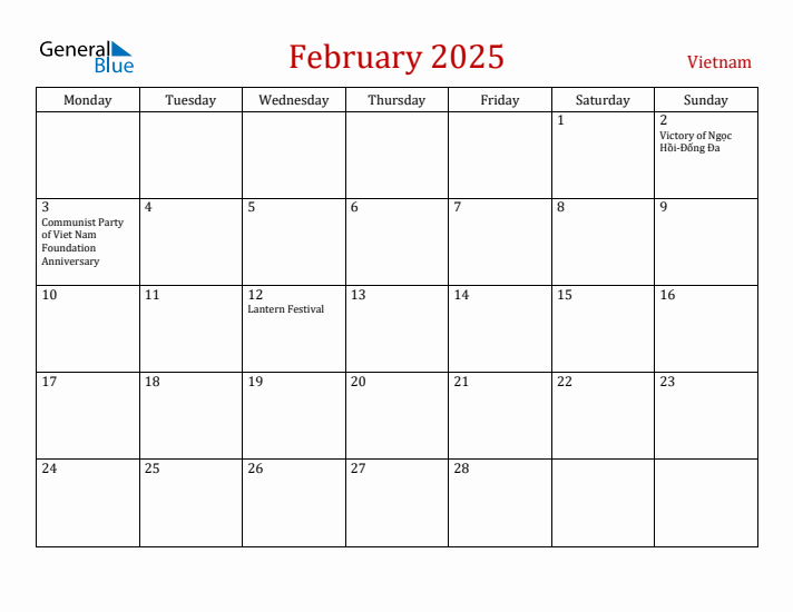 Vietnam February 2025 Calendar - Monday Start