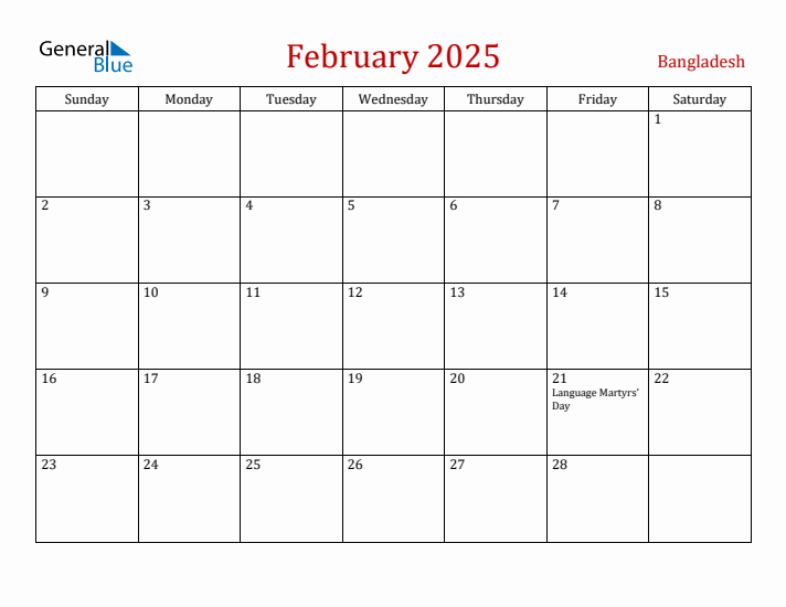 Bangladesh February 2025 Calendar - Sunday Start