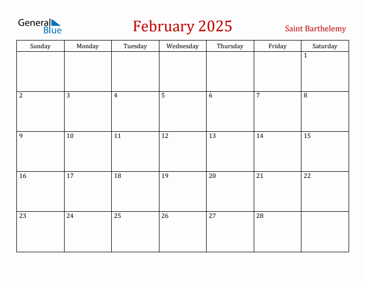 Saint Barthelemy February 2025 Calendar - Sunday Start