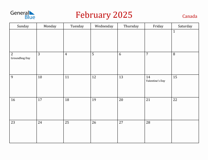 Canada February 2025 Calendar - Sunday Start