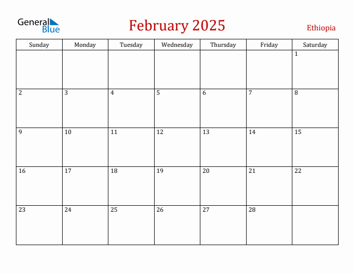 Ethiopia February 2025 Calendar - Sunday Start