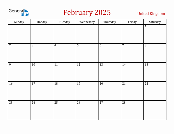 United Kingdom February 2025 Calendar - Sunday Start