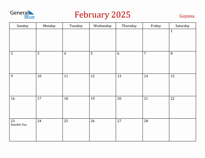 Guyana February 2025 Calendar - Sunday Start