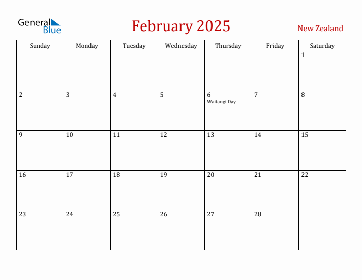 New Zealand February 2025 Calendar - Sunday Start