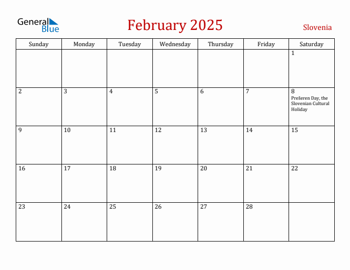 Slovenia February 2025 Calendar - Sunday Start