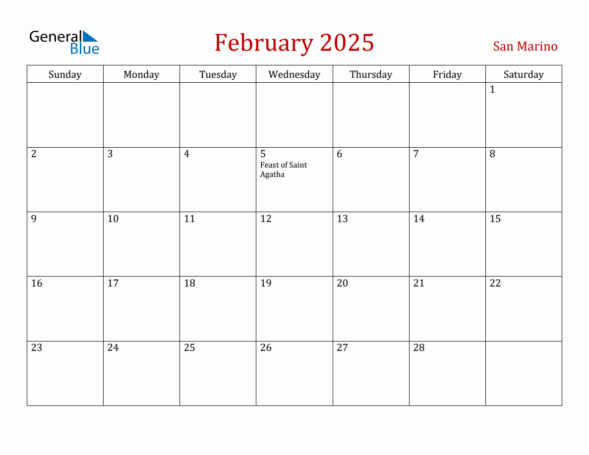 February 2025 San Marino Monthly Calendar with Holidays