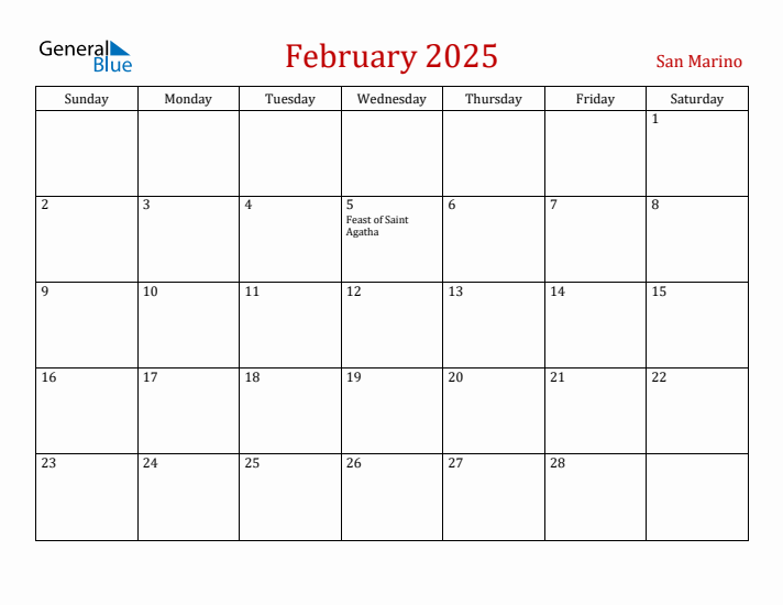 San Marino February 2025 Calendar - Sunday Start