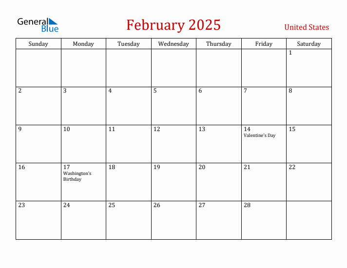 United States February 2025 Calendar - Sunday Start