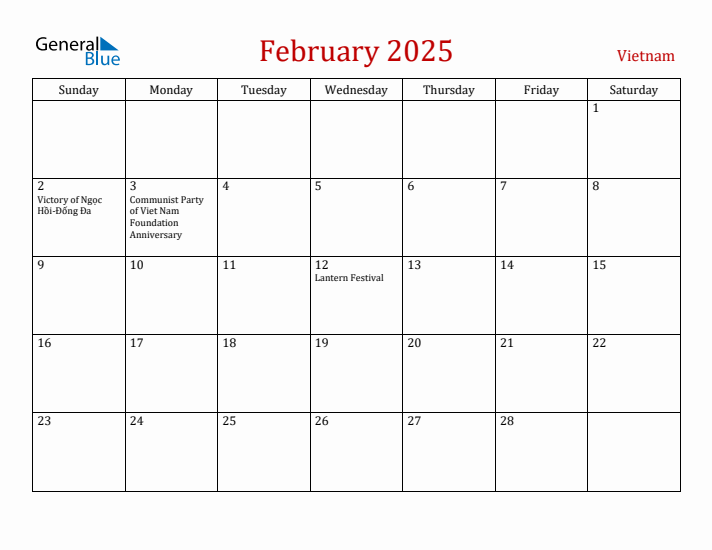 Vietnam February 2025 Calendar - Sunday Start