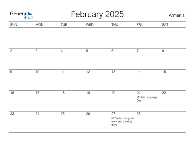 Armenia February 2025 Calendar with Holidays