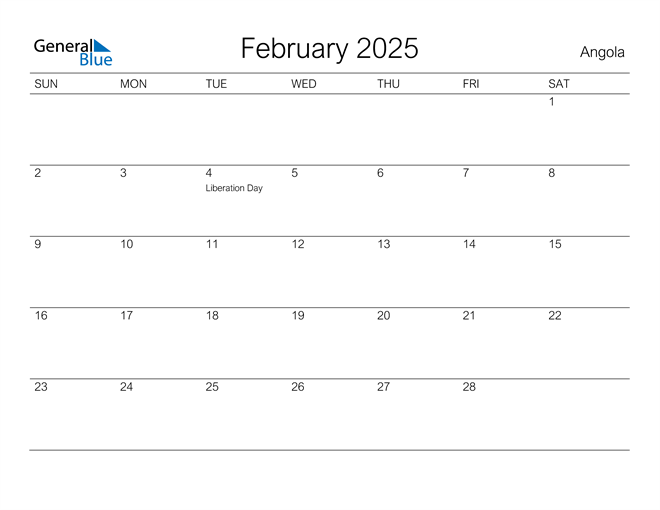 Printable February 2025 Calendar for Angola