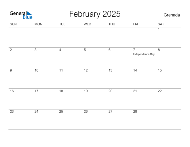 Printable February 2025 Calendar for Grenada