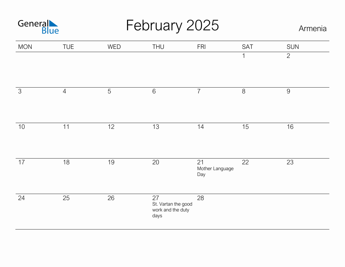 Printable February 2025 Monthly Calendar with Holidays for Armenia