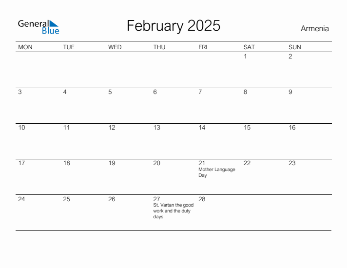 Printable February 2025 Calendar for Armenia