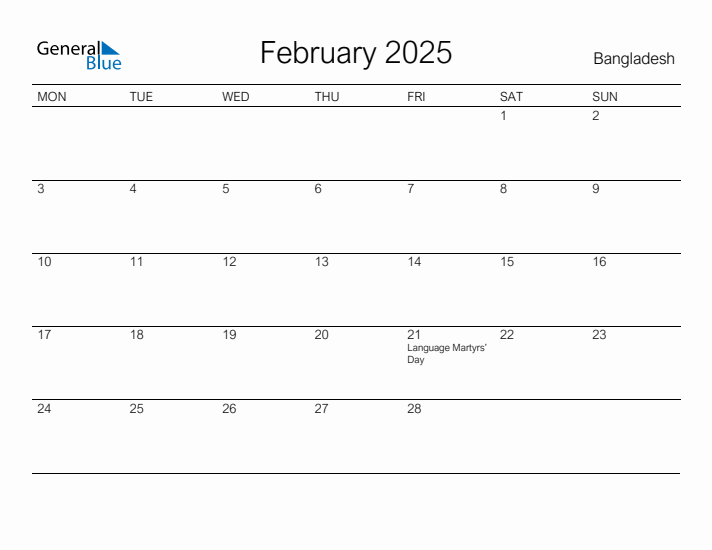 Printable February 2025 Calendar for Bangladesh