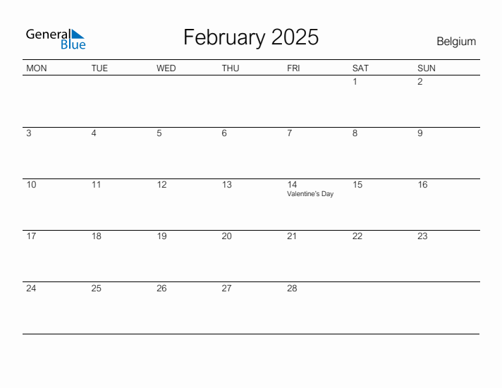 Printable February 2025 Calendar for Belgium