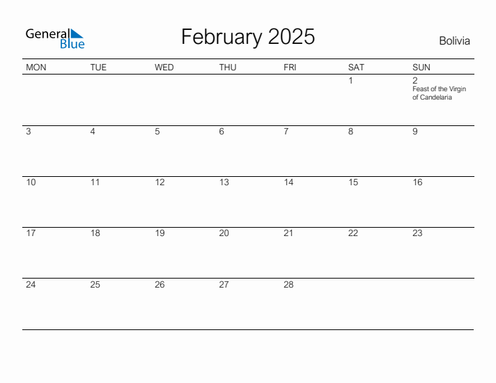 Printable February 2025 Calendar for Bolivia