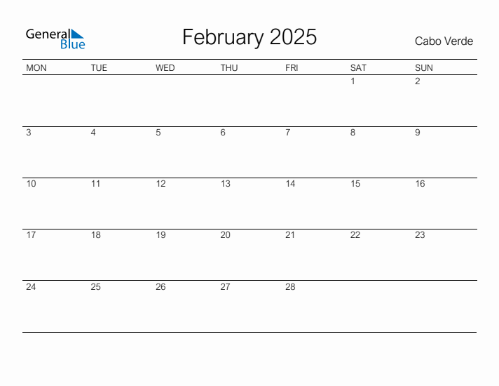 Printable February 2025 Calendar for Cabo Verde