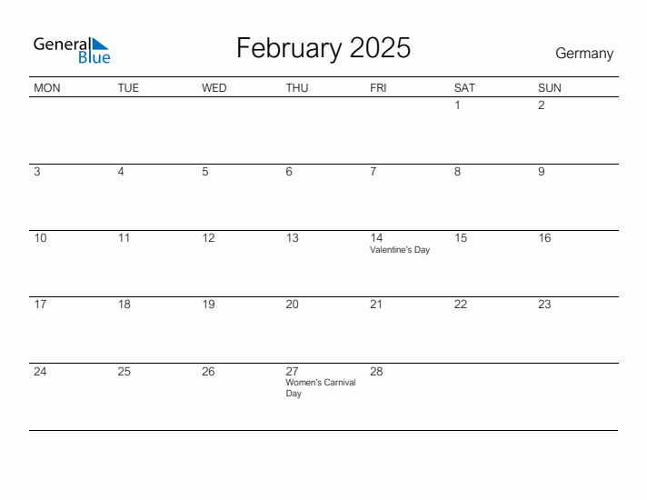 Printable February 2025 Calendar for Germany