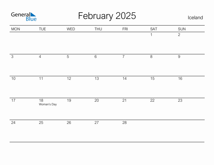 February 2025 Iceland Monthly Calendar with Holidays