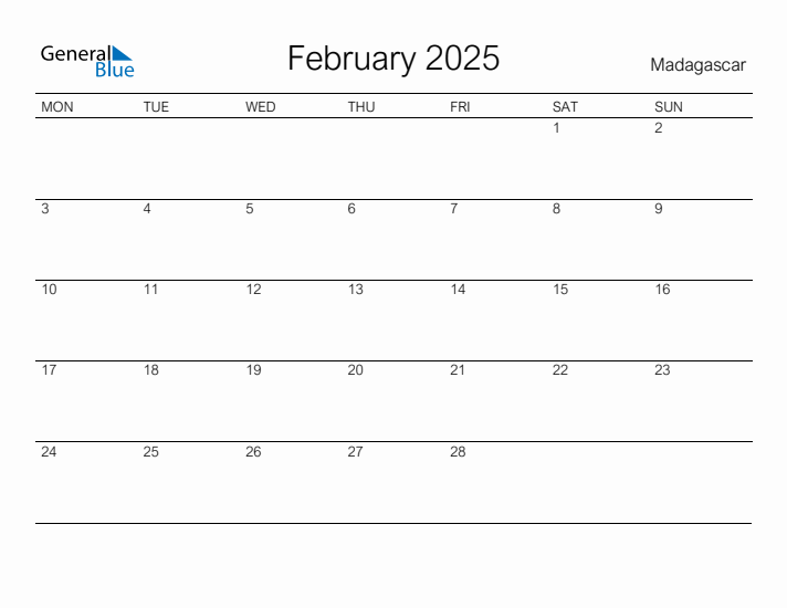 Printable February 2025 Calendar for Madagascar
