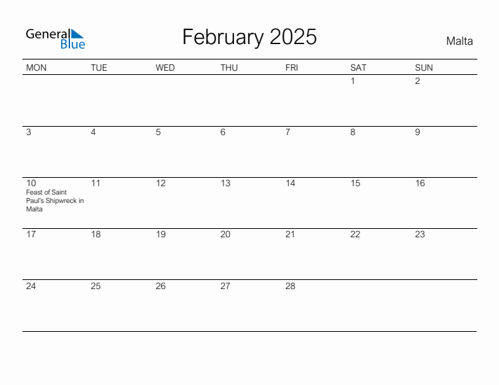 Printable February 2025 Calendar for Malta