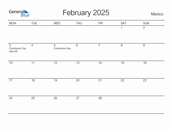 Printable February 2025 Calendar for Mexico