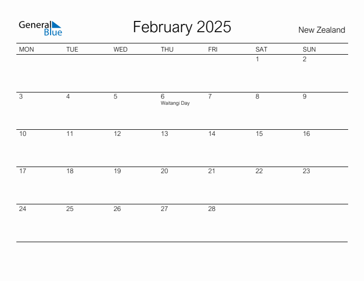 Printable February 2025 Calendar for New Zealand